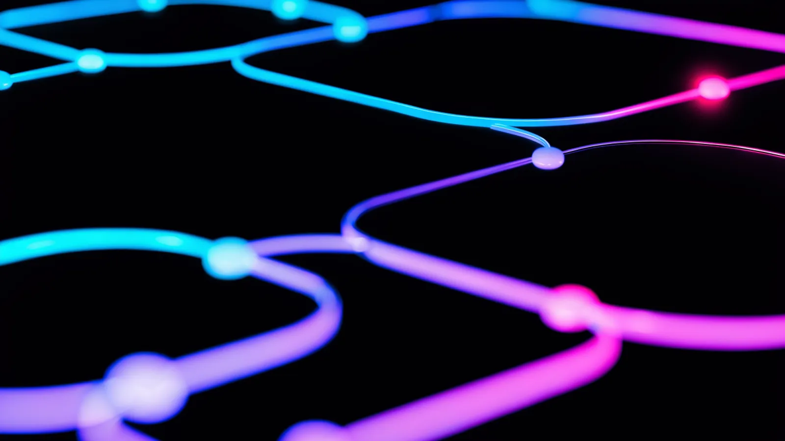 Illustration abstraite : un réseau de points lumineux reliés par des filaments cyan et magenta sur fond noir